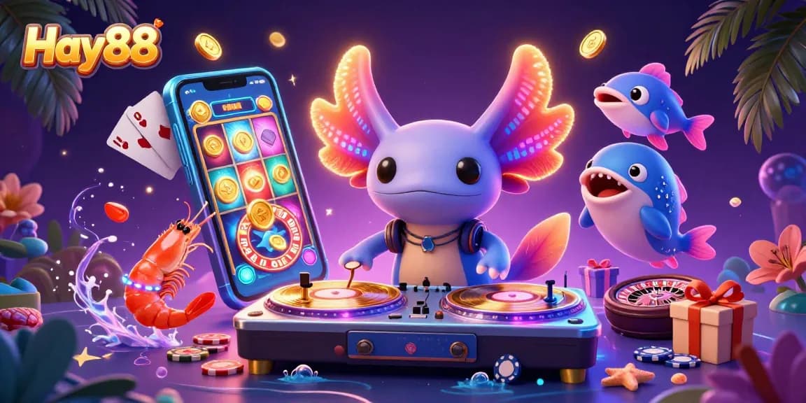 Hay88 portrays vibrant casino fun with a 3D axolotl DJ spinning games and glowing undersea characters.