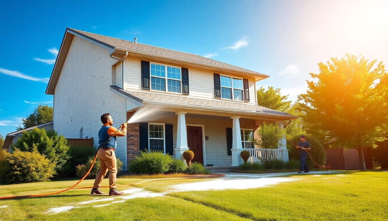 House Washing service actively cleaning a two-story home, showcasing the exterior's cleanliness and shine.