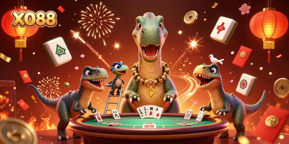 Engage with XO88 as a brontosaurus oversees a vibrant casino scene filled with cards and celebrations.