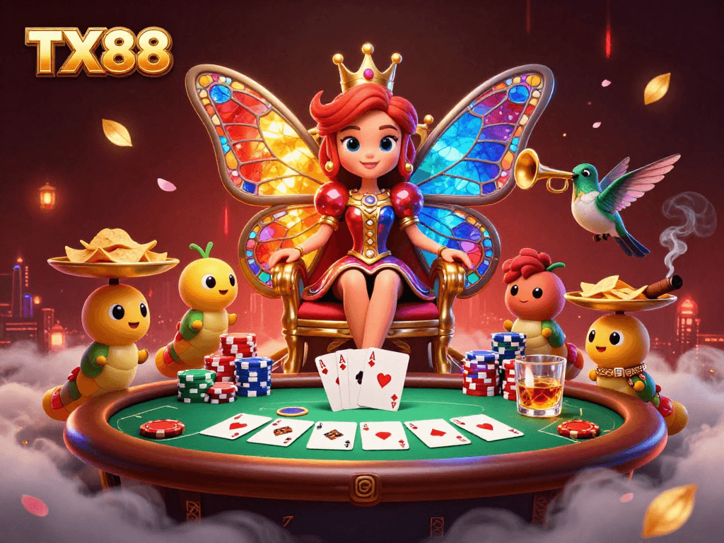 Engage in the vibrant TX88 casino experience featuring a butterfly queen and poker elements.