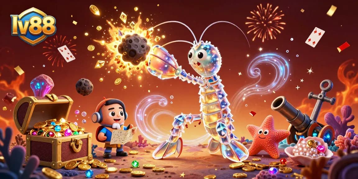 Experience the excitement of lv88 with a 3D mantis shrimp heroically battling an asteroid for treasure.