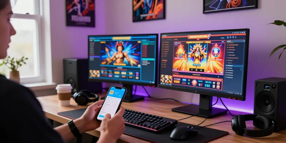 Engaging online gambling scene at https://www.modernrussia.com/mpocash/ showing vibrant slot games on screens with gaming accessories.
