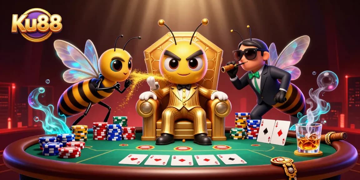 Experience the thrilling poker scene at Ku88 with vibrant characters and rich casino elements.