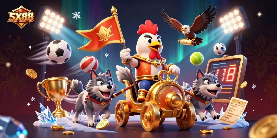 SX88 captures the excitement of gaming, featuring a dynamic 3D rooster warlord and sports elements.
