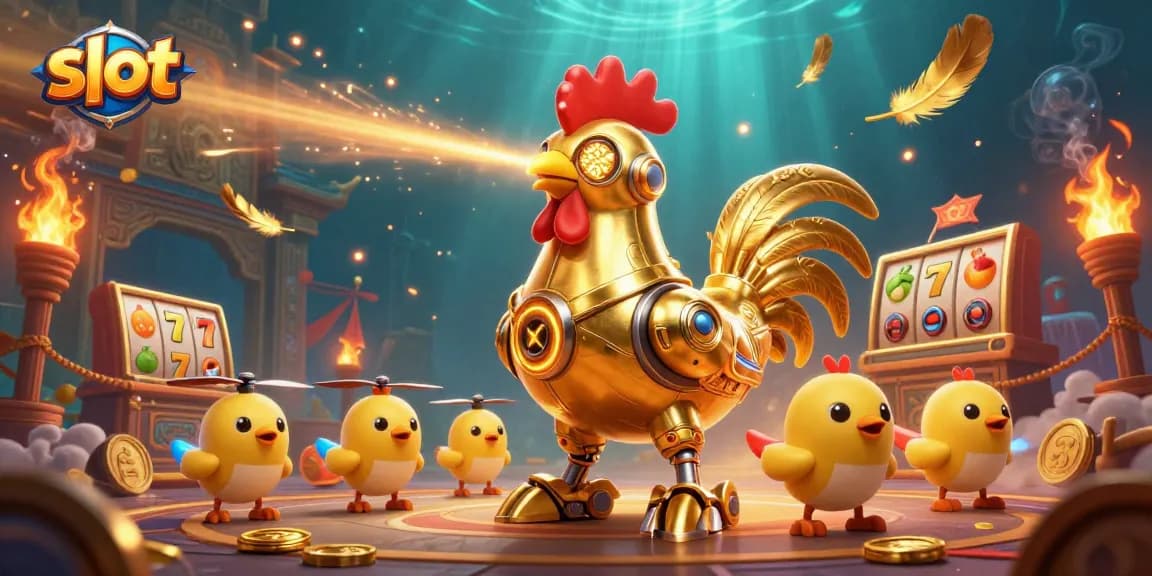 Experience thrilling slot action with vibrant golden rooster robot and dynamic game elements.