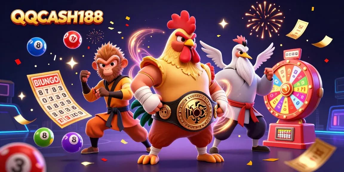 Engage with QQCASH188 in a vibrant, dynamic gambling scene featuring lively characters and game elements.