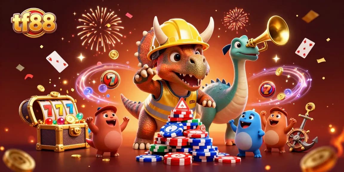 Engage with tf88's thrilling casino scene featuring a triceratops and playful elements celebrating gaming excitement.