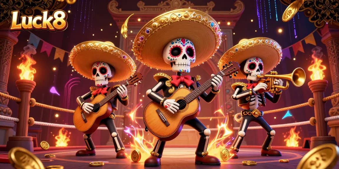 Experience the vibrant Luck8 casino ambiance with a lively mariachi band and colorful gaming elements.
