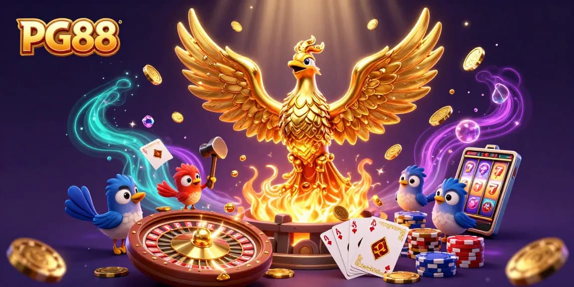 Experience the excitement of PG88 with gold coins, vibrant gameplay, and a majestic phoenix in a dynamic casino scene.