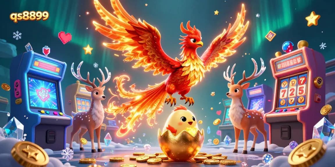 Experience the thrill of qs8899 with a vibrant 3D casino scene featuring a phoenix, baby chick, and elements of luck.
