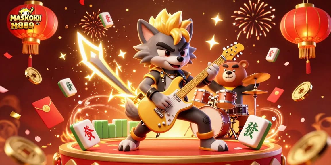 Experience the thrill with MASKOKI889 as the rock star wolf shreds on guitar amidst a dazzling casino backdrop.