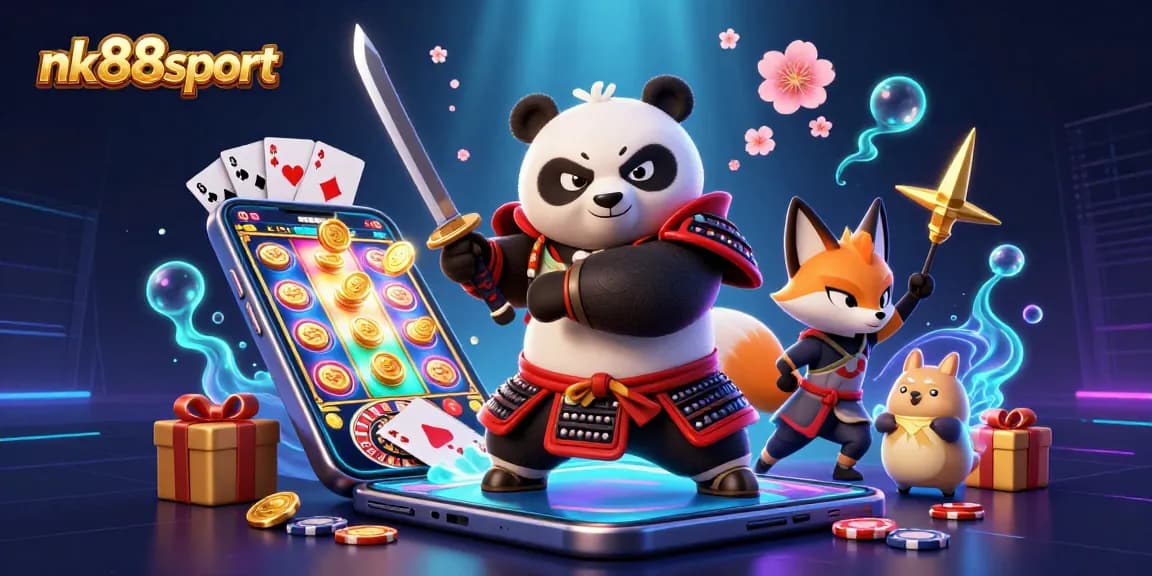Engage with vibrant gameplay at nk88sport with a samurai panda and a ninja fox in a lively casino scene.