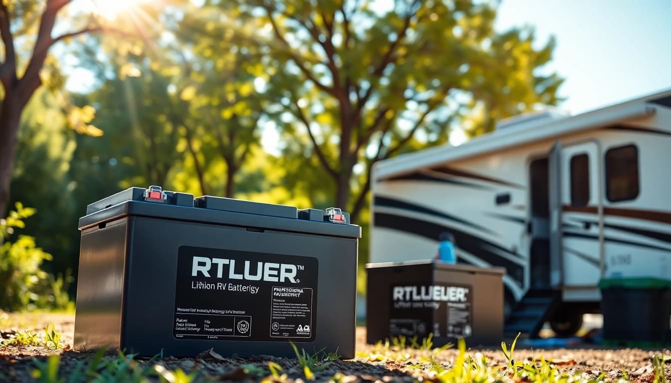 Showcase of lithium RV batteries in a campsite, highlighting their modern design and vibrant atmosphere.