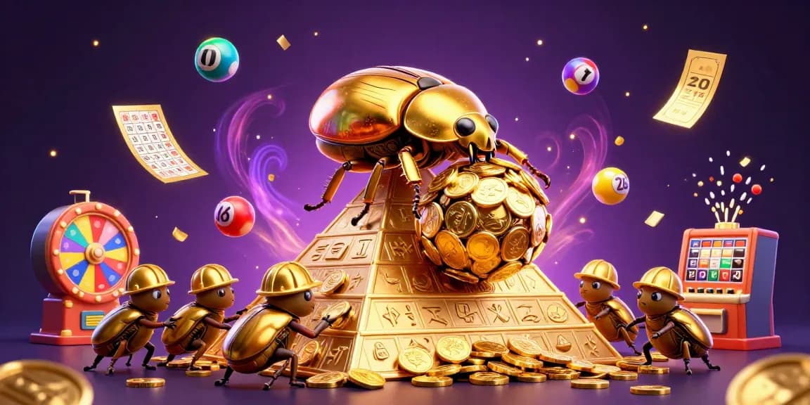 KICAU678 showcases a golden dung beetle rolling coins, symbolizing casino luck and fortune.