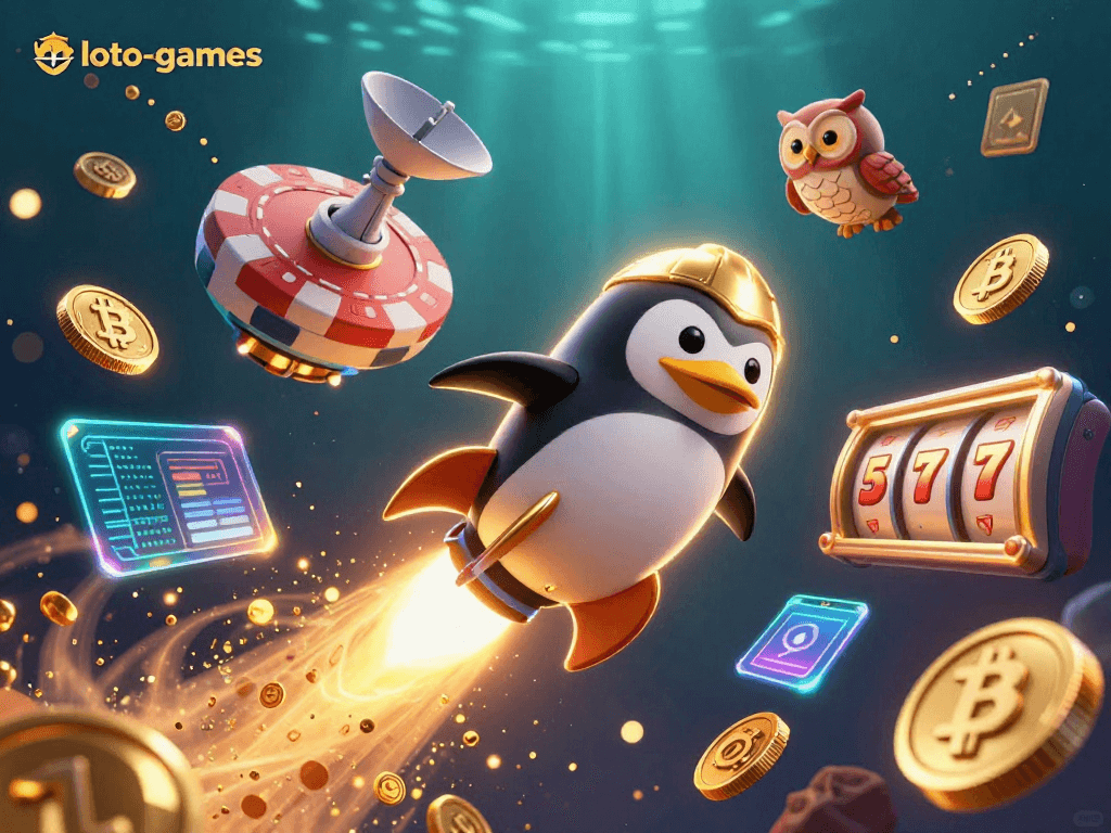 Experience the thrill of loto-games with exciting slots and crypto elements in this dynamic illustration.