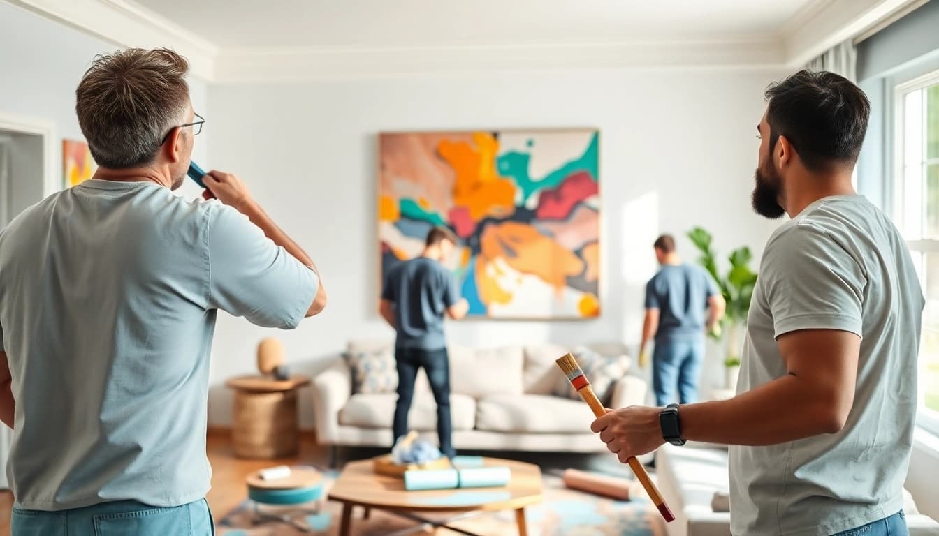Engaging interior painters Minneapolis applying a fresh coat of colorful paint in a stylish living room.