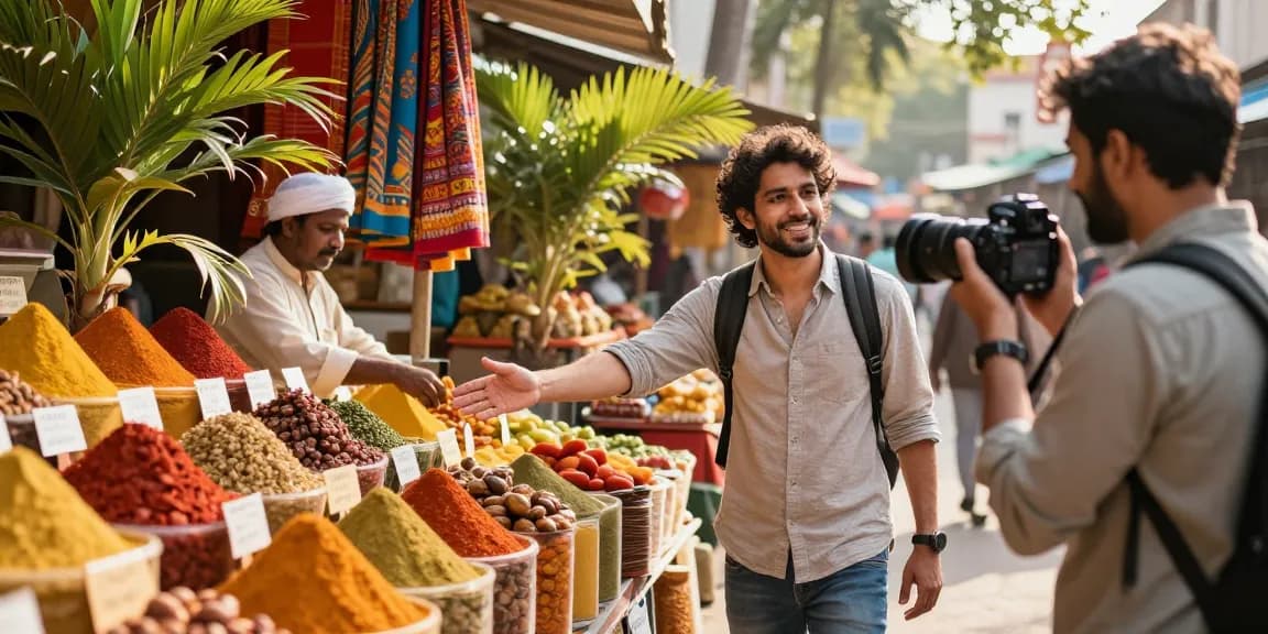 Experience luxury and custom tour packages in a vibrant Indian market with local interactions and rich cultural scenes.
