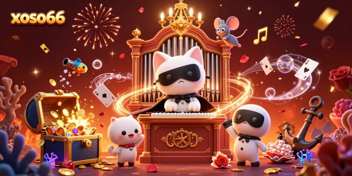 Cherish your win with xoso66 as a phantom cat at a casino organ, surrounded by treasures and musical notes.