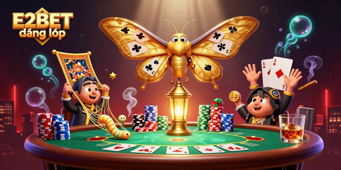 E2BET đăng nhập invites gamblers to enjoy high-stakes poker action in a vibrant casino illustration
