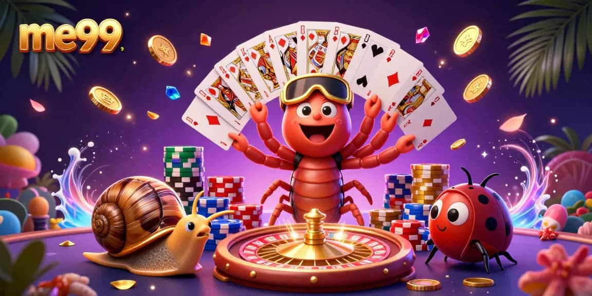 Experience the excitement at me99 with a dynamic 3D casino scene featuring vibrant game elements and characters.