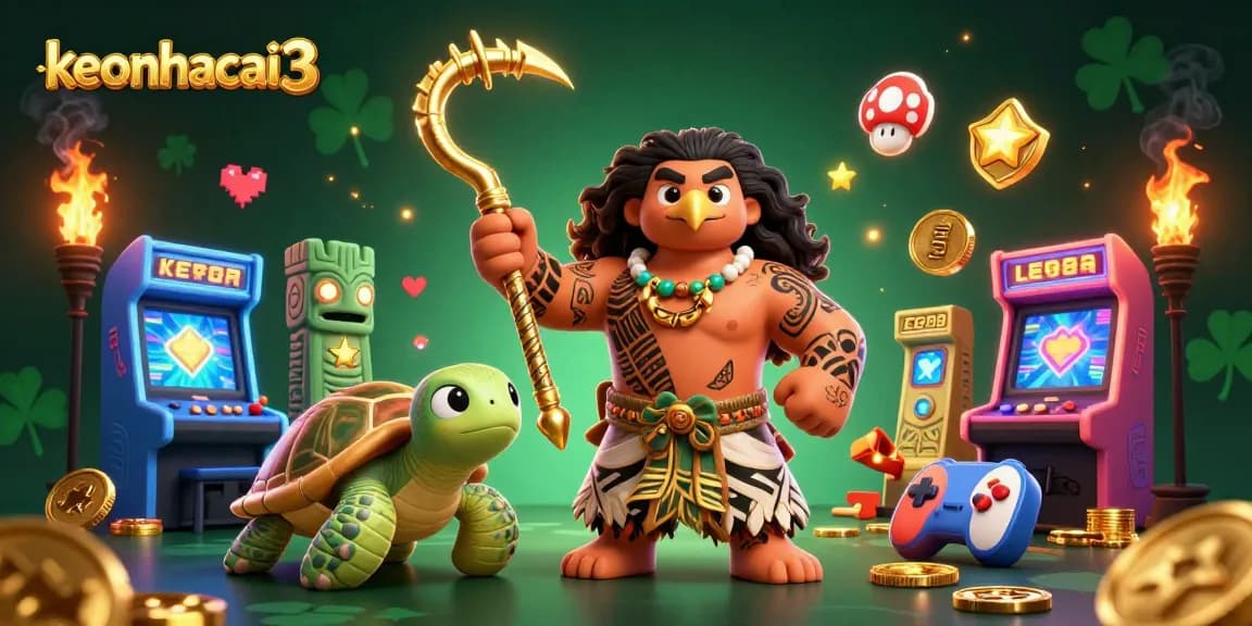 Experience engaging gameplay with keonhacai3 featuring a cartoon demigod and vibrant casino elements.