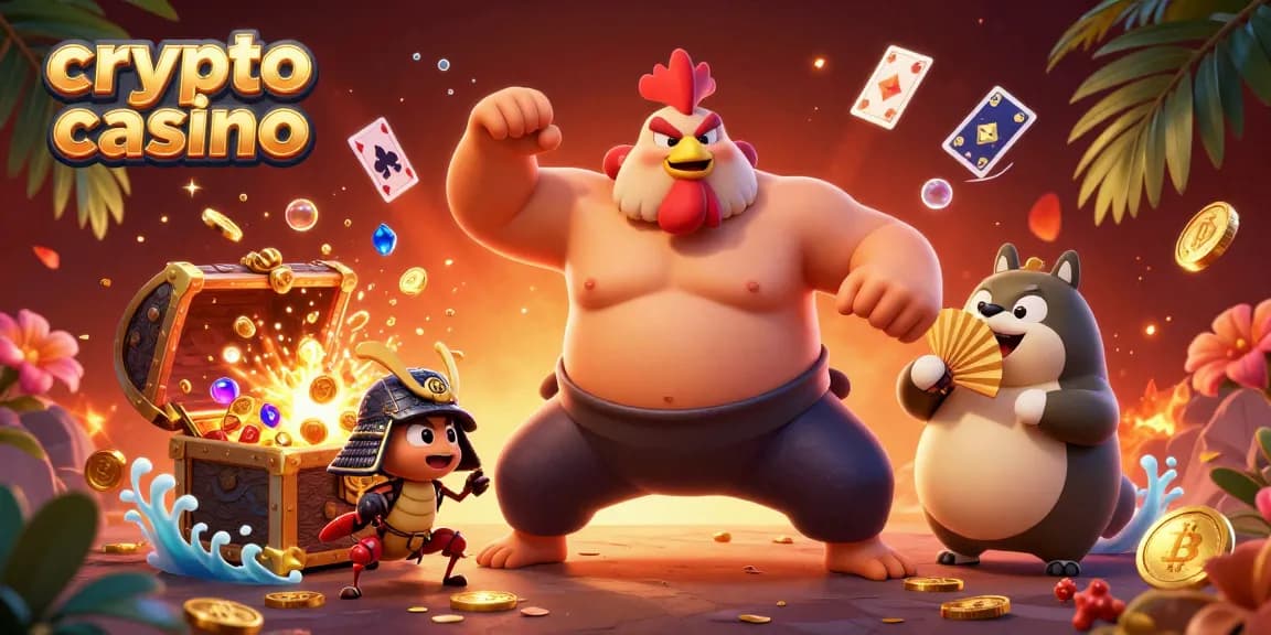 Los jugadores en un casino de criptomonedas enfrentan desafíos con un poderoso gallo luchador y elementos de juego vibrantes.