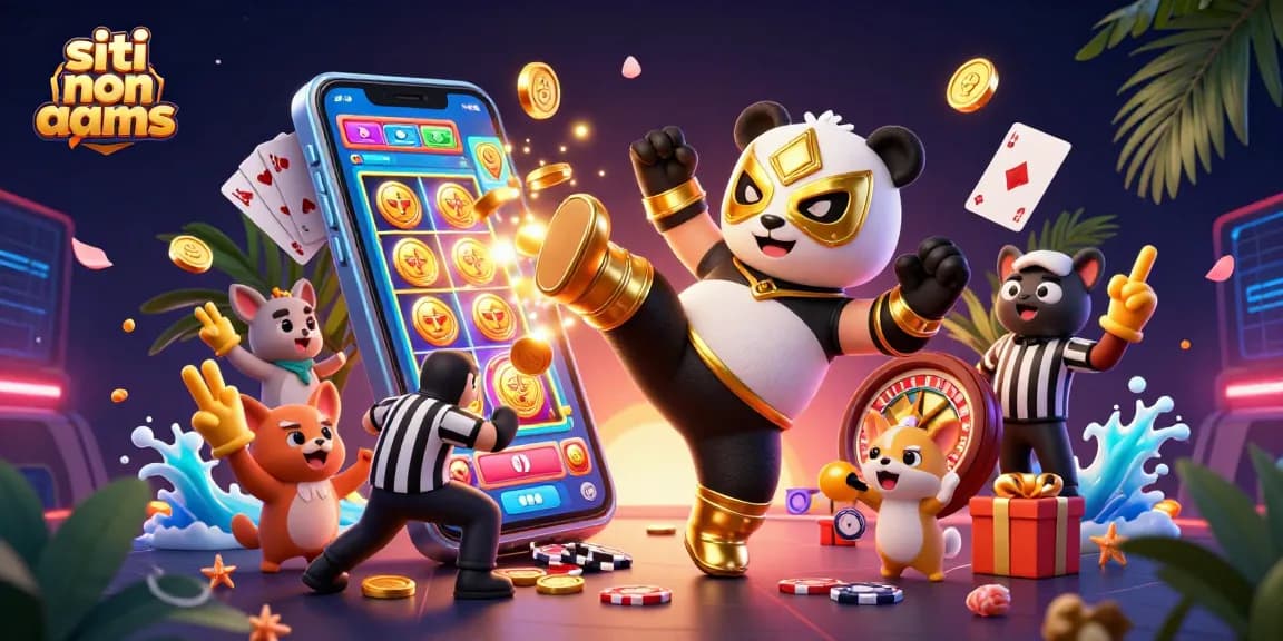 Scommesse non AAMS vivaci con panda lottatore, smartphone e pubblico entusiasta.