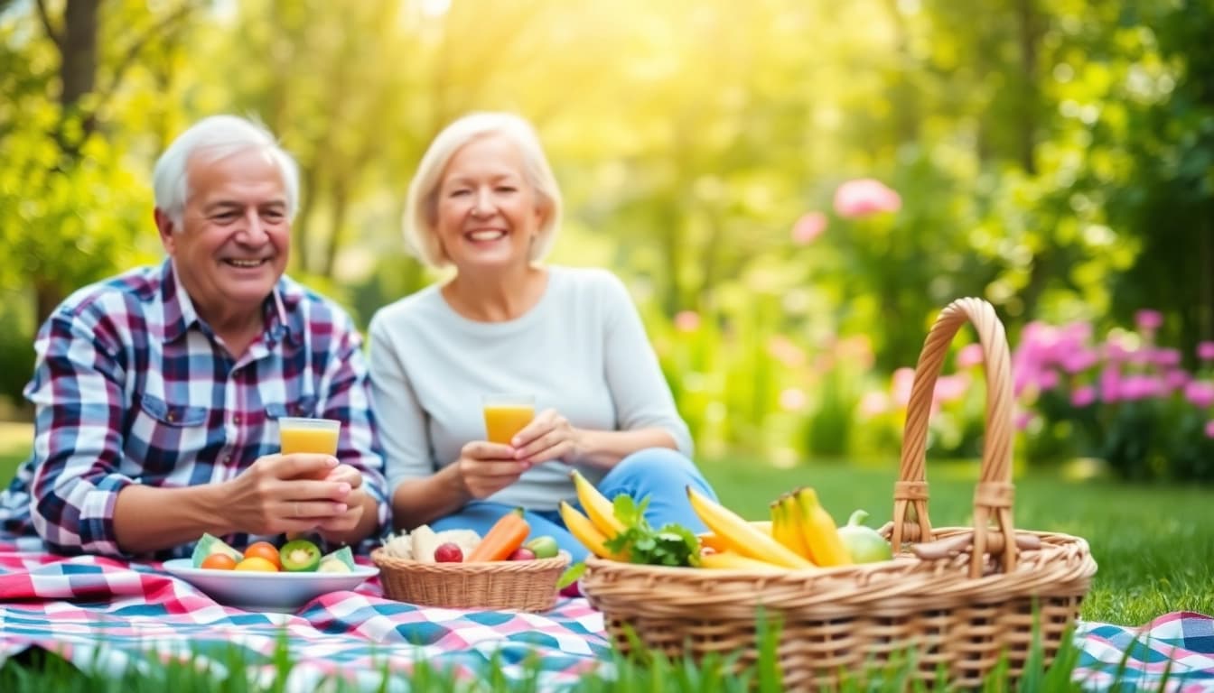 Genieten van een picknick met senioren op https://www.handigvoorsenioren.nl/ in een park vol natuur.