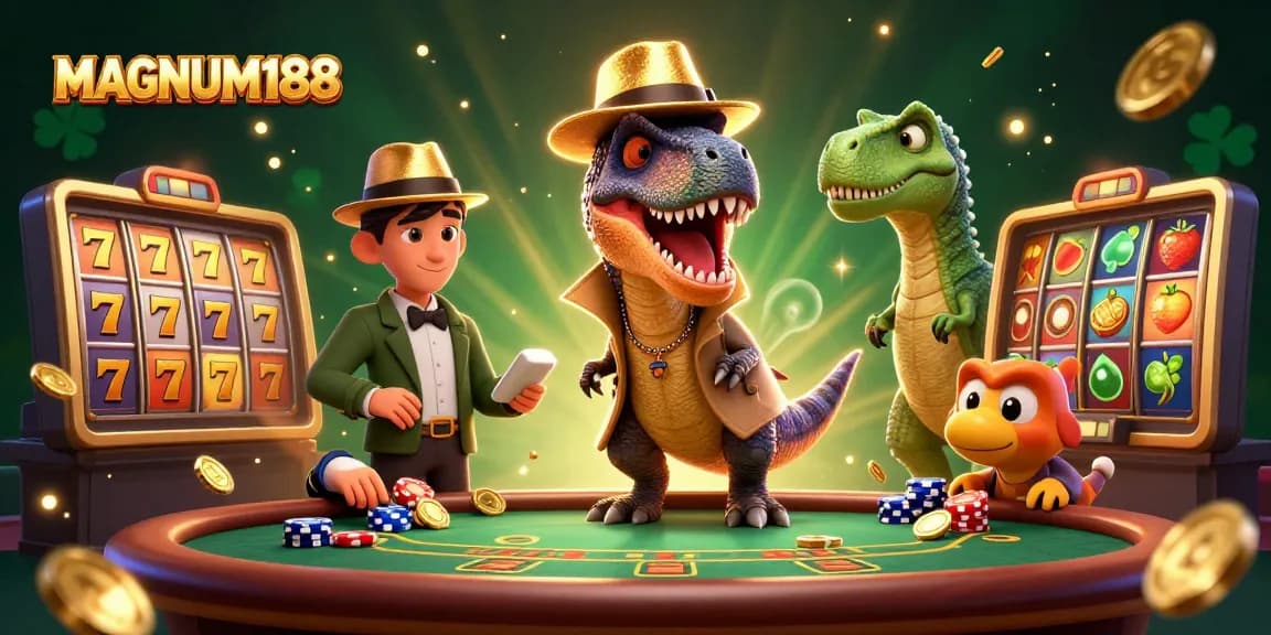 Engage with MAGNUM188 and experience the thrill of slot games in this colorful 3D illustration.