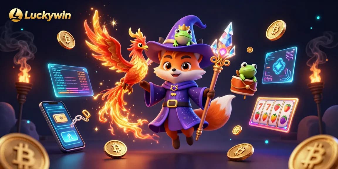 Engage with Luckywin's vibrant gaming world featuring a wizard fox, phoenix, and virtual currencies.