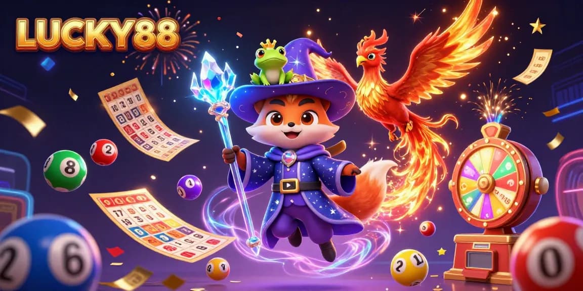 LUCKY88 presents a lively 3D illustration of a magical wizard fox promoting an exciting lottery scene with vibrant elements.