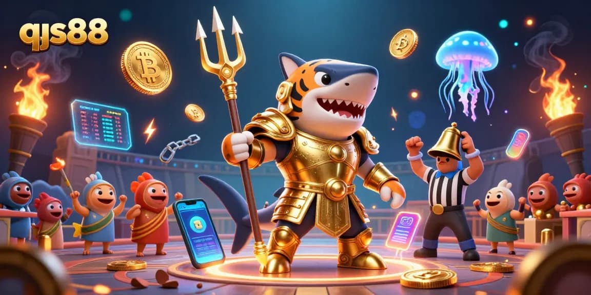 Experience thrilling gameplay at qs88 with a 3D cartoon tiger shark in a vivid underwater casino scene.
