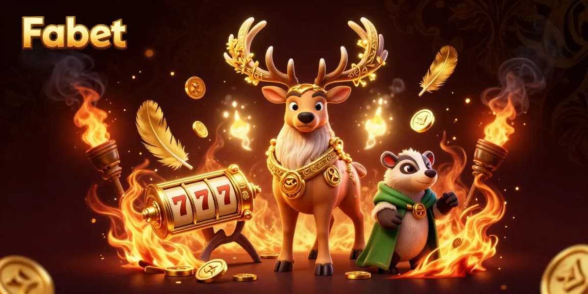 Engage with Fabet's thrilling slots featuring a Celtic stag and badger in a vibrant casino scene.