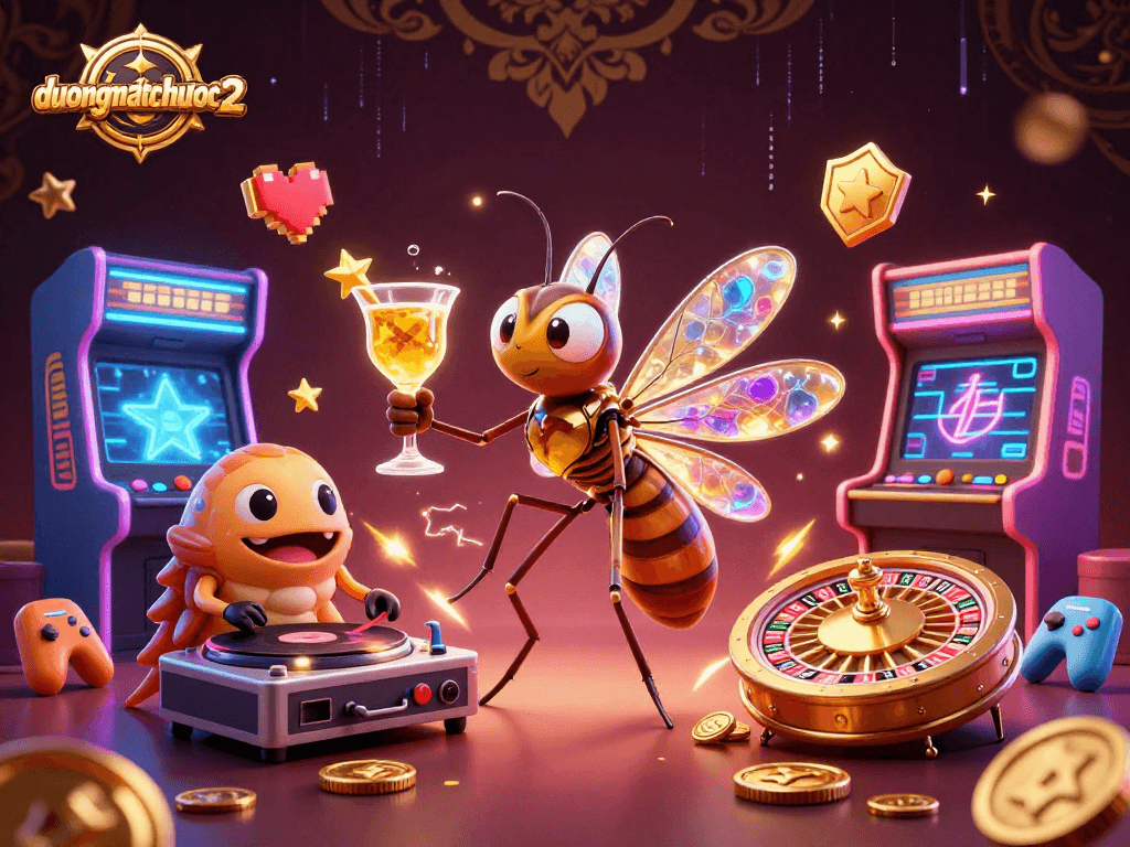 Experience duongmatchuoc2 with a vibrant gaming scene featuring a lively casino mascot and unique game elements.