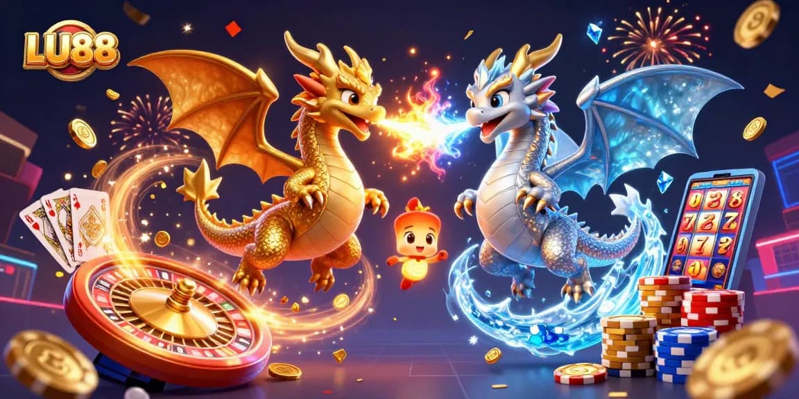 LU88 offers an epic illustration of twin dragons symbolizing thrilling gaming action amidst cascading coins and gems.