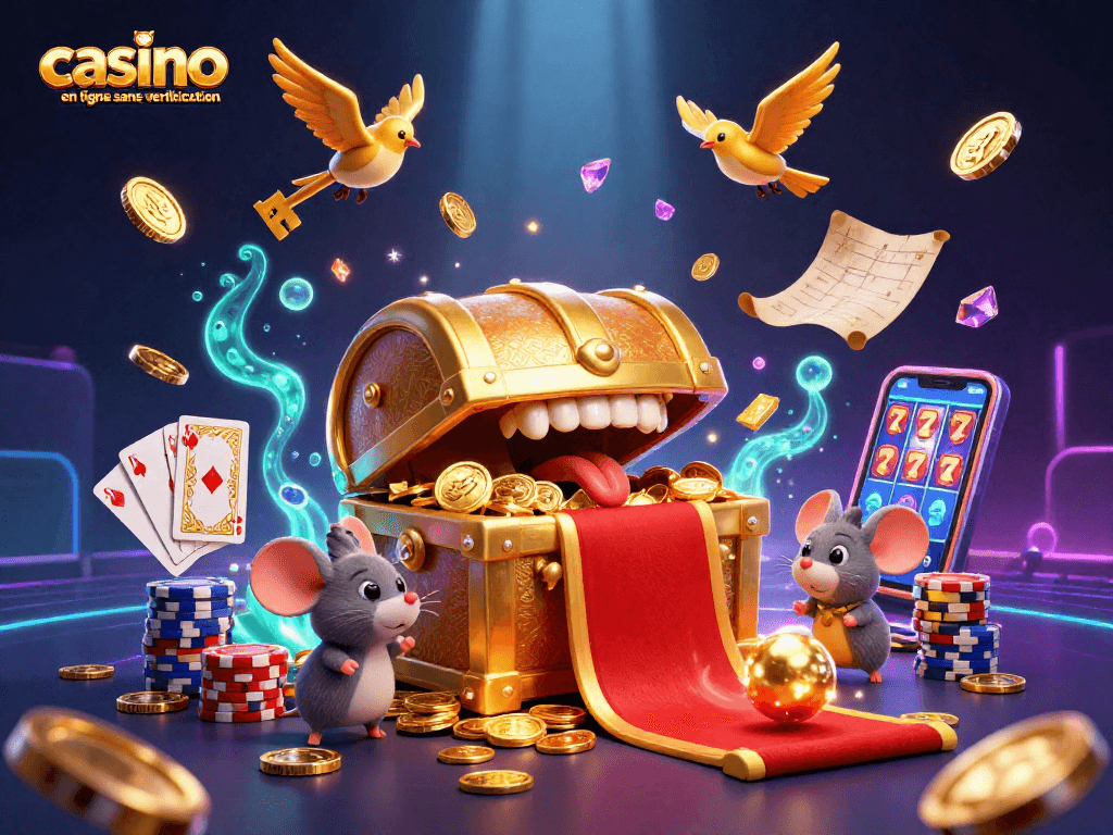 Explorez la magie du casino en ligne sans vérification avec une scène dynamique remplie de trésors et de jeux.