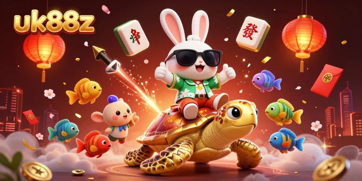 Engage with the lively gambling theme of uk88z, showcasing a lucky rabbit and golden turtle in vibrant action.