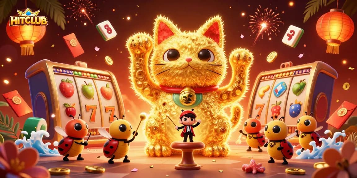 Experience the thrill of HITCLUB's dynamic casino world with a lucky cat among vibrant slots.