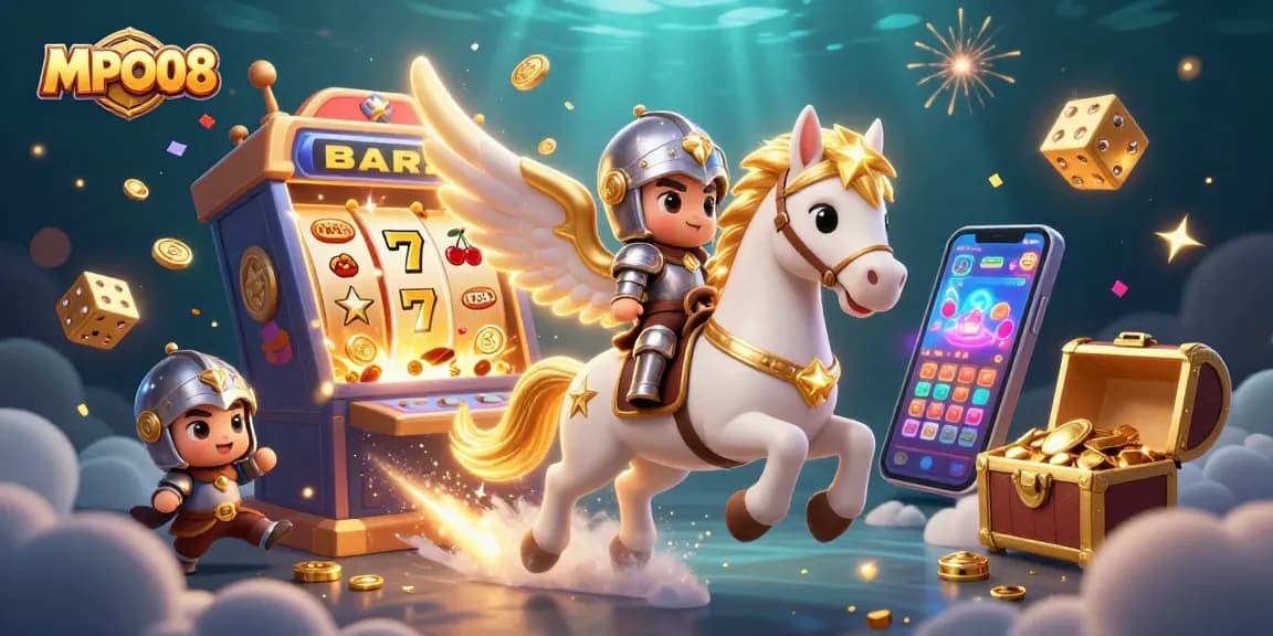 Experience exciting gameplay with MPO08's dynamic casino scene featuring a magical horse, jackpot slot machine, and vibrant game elements.