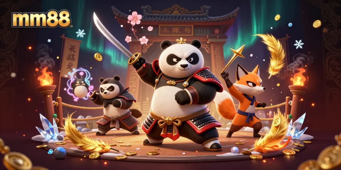 Experience the thrill of mm88 with a fierce samurai panda and a ninja fox in an energetic casino scene.