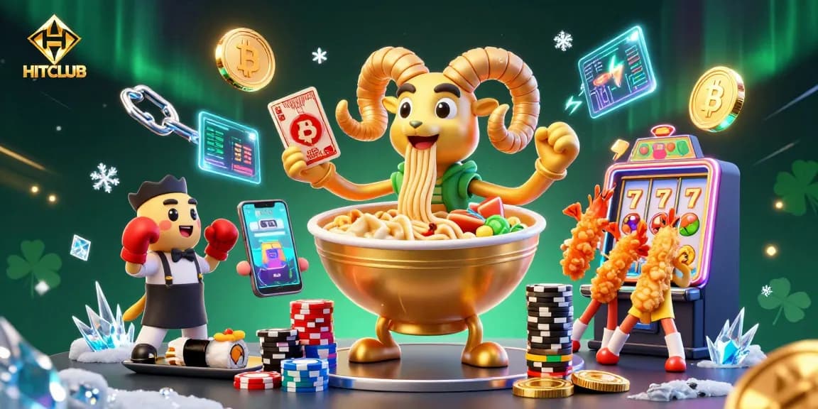 Engage with HITCLUB's vibrant casino world, featuring animated characters and crypto elements.