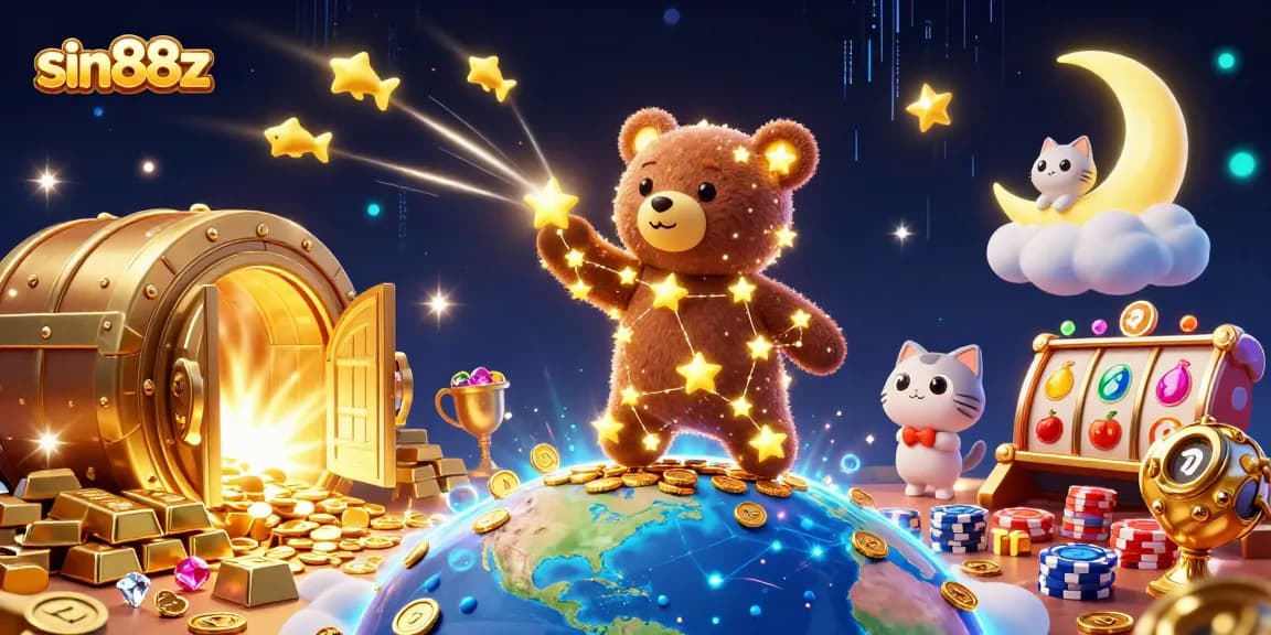 Engage with sin88z and win riches in this vibrant casino scene featuring a starry bear and dynamic elements.