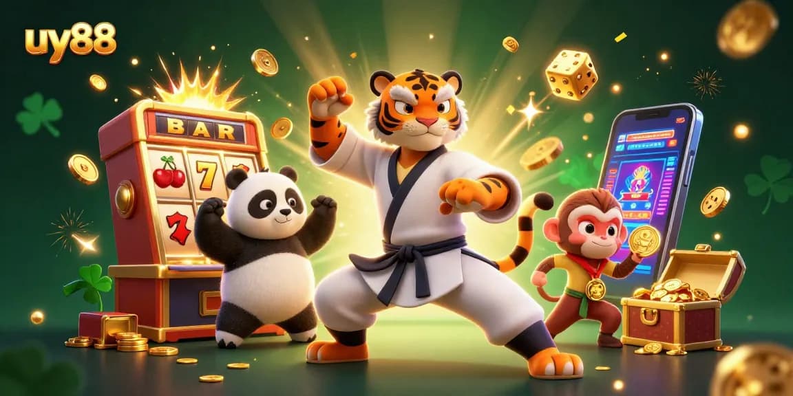 Experience the excitement of uy88 with a playful tiger master, panda disciple, and a mischievous monkey in a vibrant casino scene.