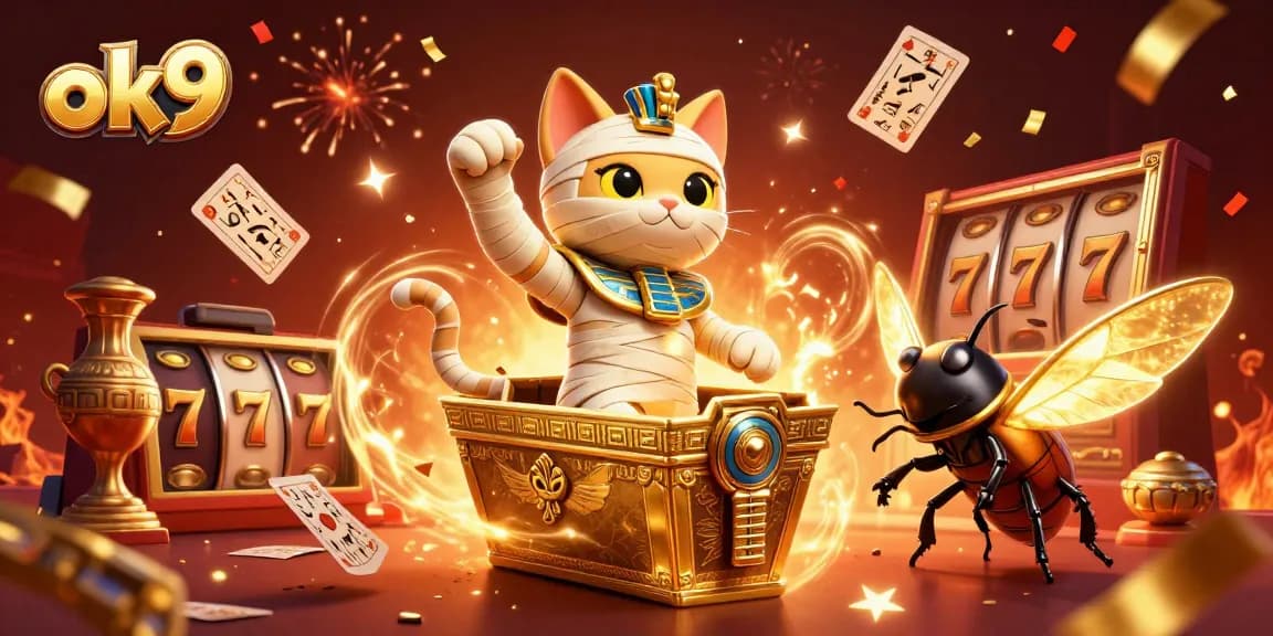 Spin the reels at ok9 with an Egyptian mummy cat bursting from a sarcophagus in a vibrant casino.