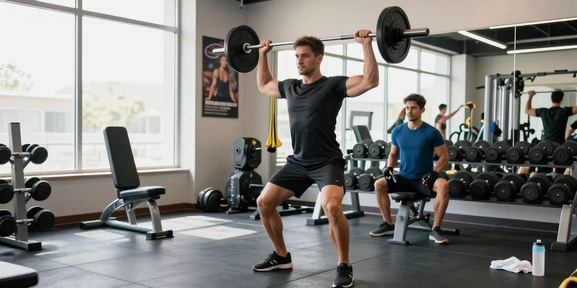 Gym clothes Men showcased on athletic man lifting weights in modern gym.