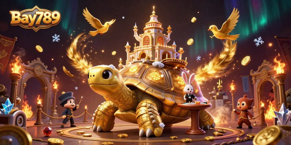 Experience the thrill of Bay789 with a golden tortoise casino scene featuring a rabbit dealer and flying coins.