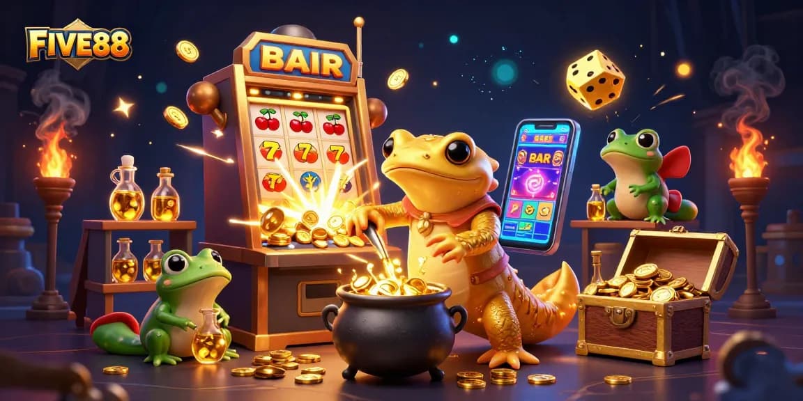 Experience the magic of FIVE88 Casino with golden elements and vibrant game bursts around a fantasy scene.