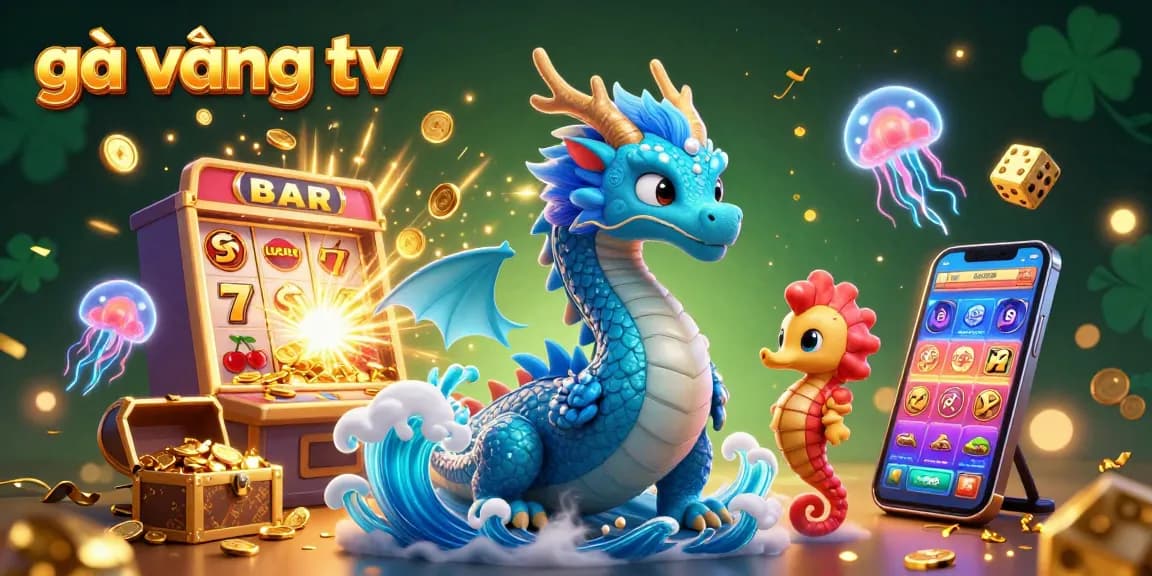 Engage with the colorful casino adventures at gà vàng tv featuring a whimsical dragon, slot machine, and treasure.