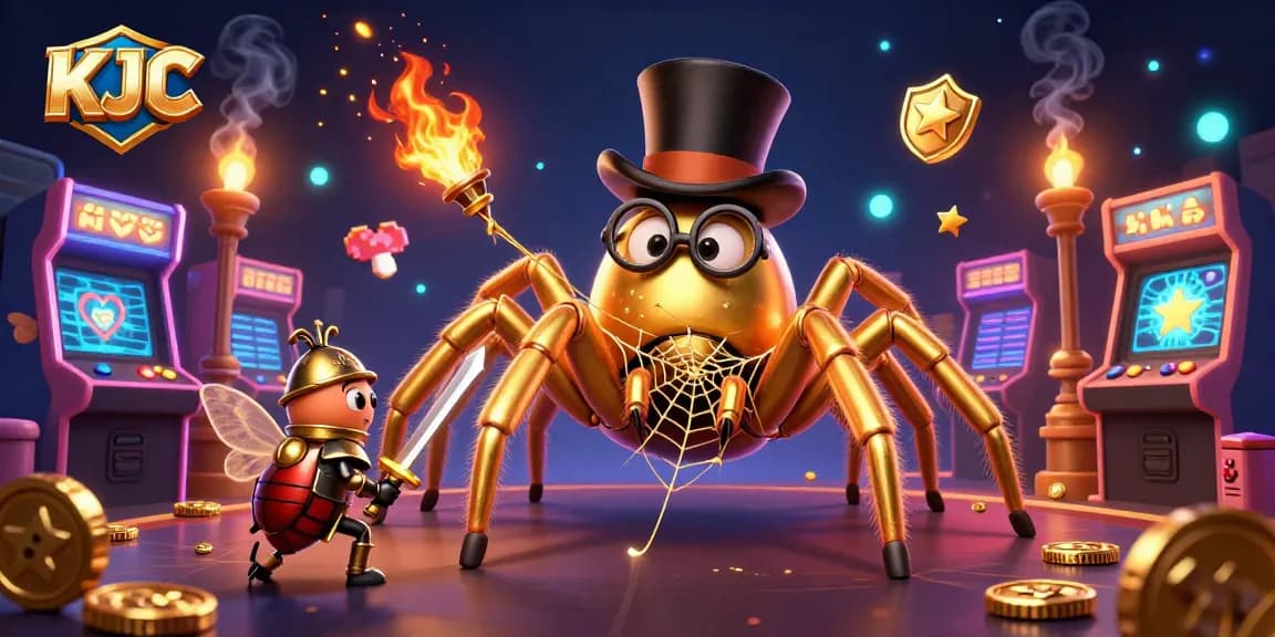 KJC showcases an exciting casino scene with a golden tarantula and beetle knight in action.