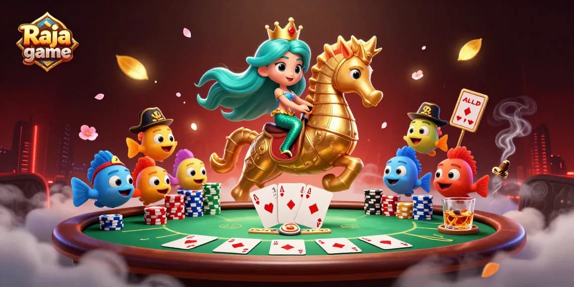 Play exciting Raja game with a mermaid princess and a giant seahorse amidst a vibrant casino scene.